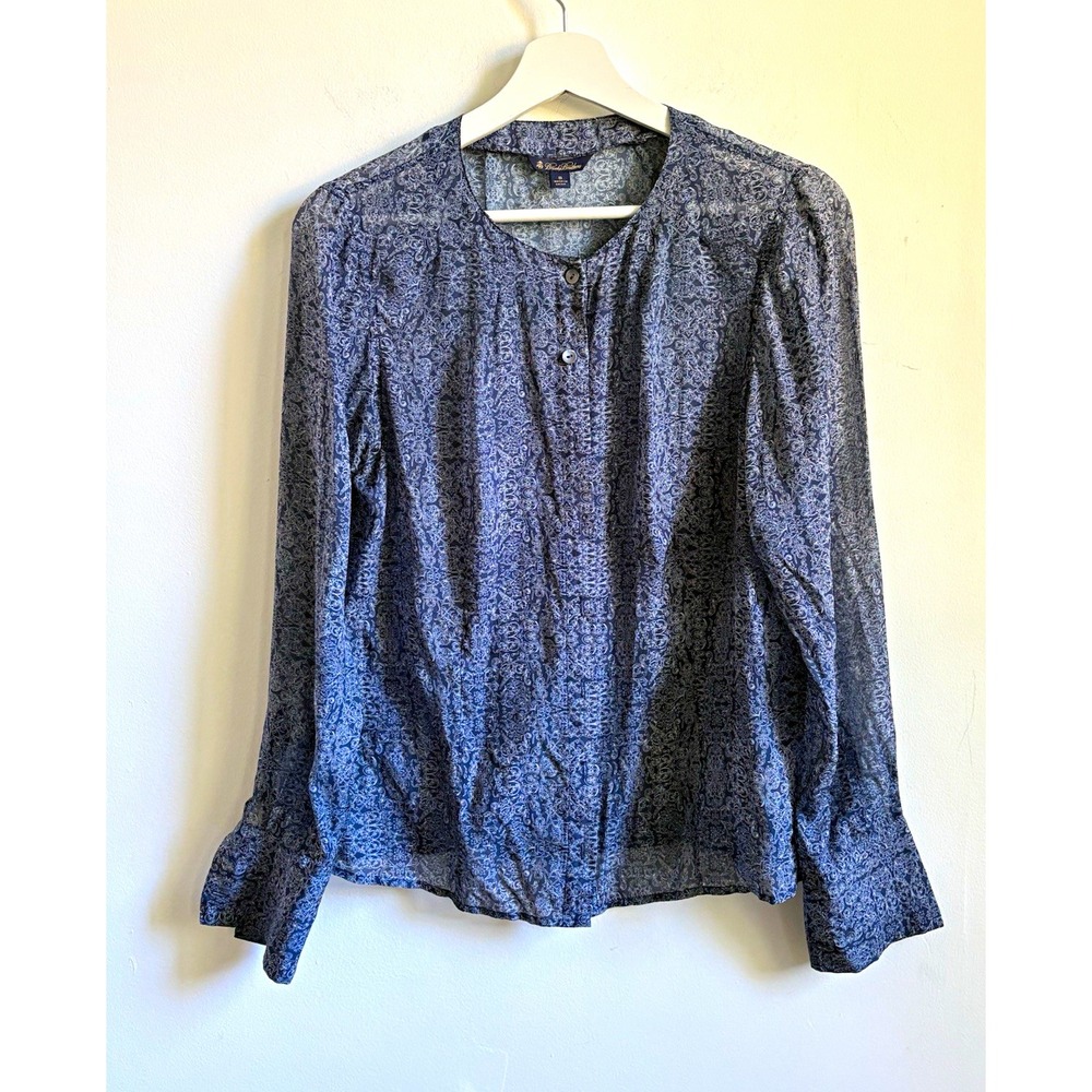 Brooks Brothers Blouse Women's 8 Blue White Paisley Silk preppy academia sheer - Picture 1 of 7